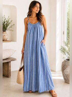 A New Day Blue Striped Flowy Maxi Dress Coastal Chic